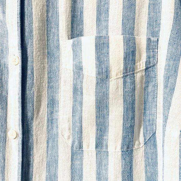 CHAPS Denim 2X linen cotton band collar blue & white stripe button front shirt - Picture 3 of 10